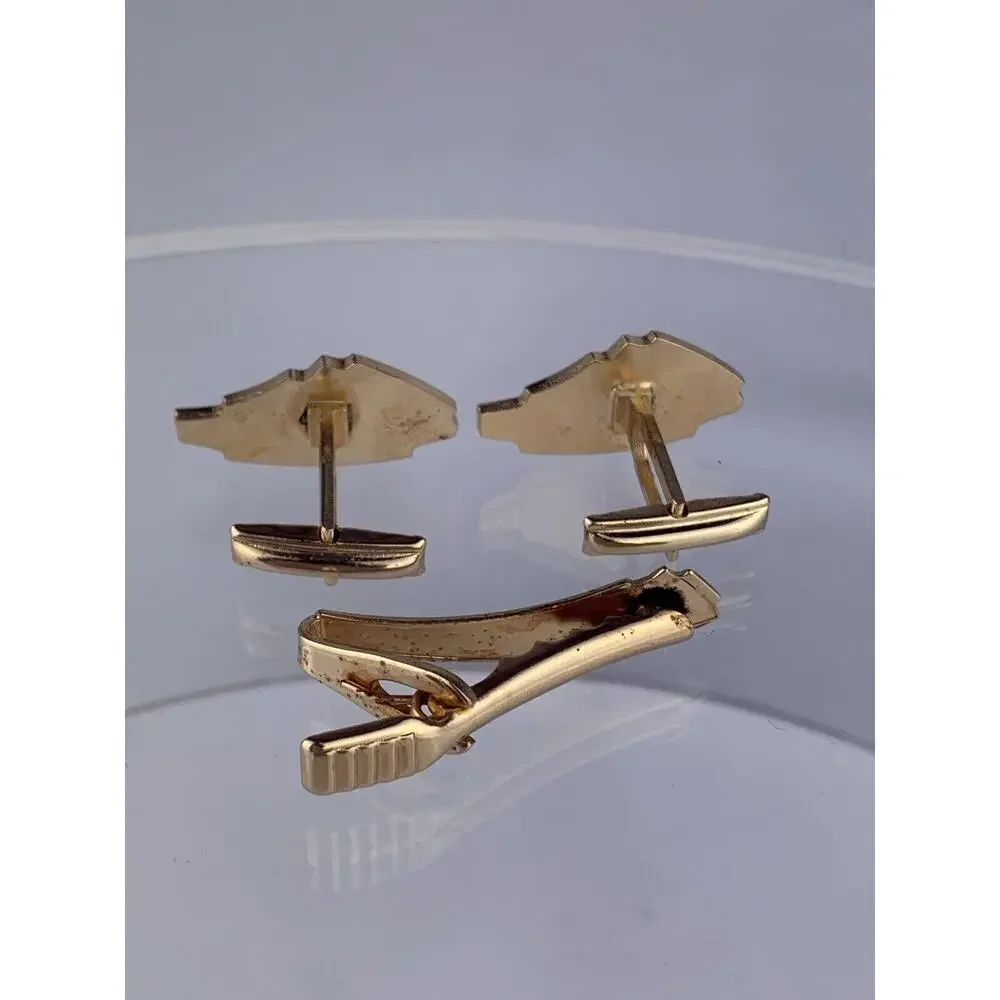 Atomic Star Gold Tone Cufflinks Tie Clip Bar Mid Century Modern Shape Vintage